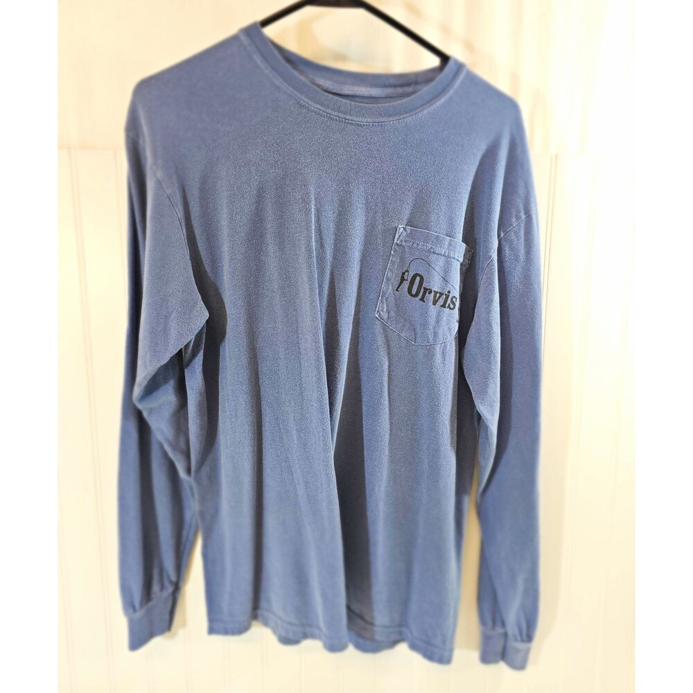 Orvis Men's Blue Graphic Print Knit Cotton Long Sleeve Crew Neck Pocket Tee M